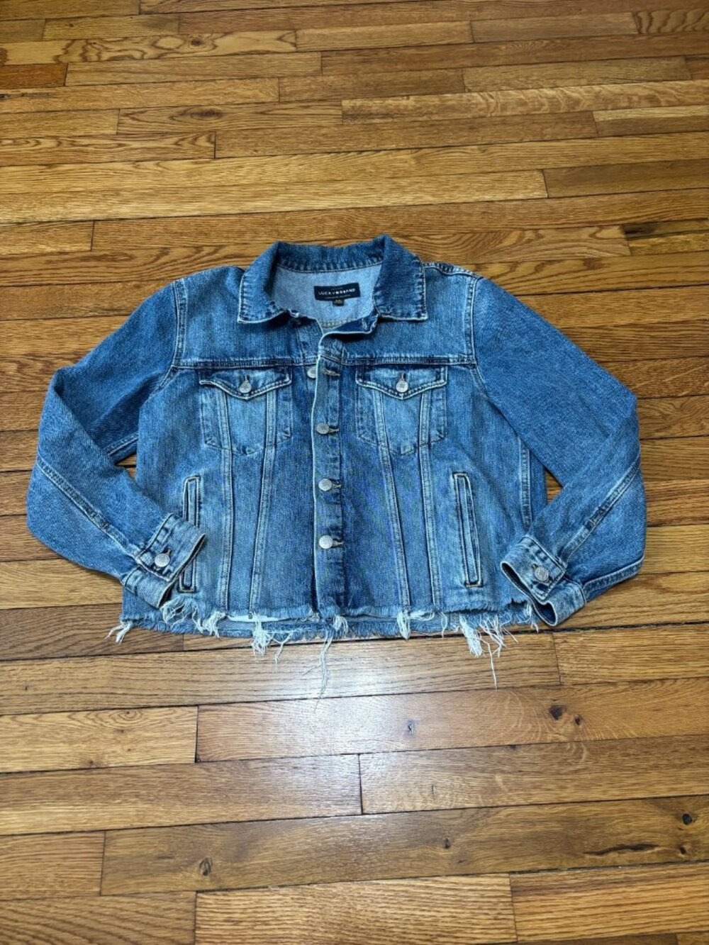 Lucky Brand Womens Tomboy Denim Trucker Jacket Large Stretch Cotton Frayed Hem